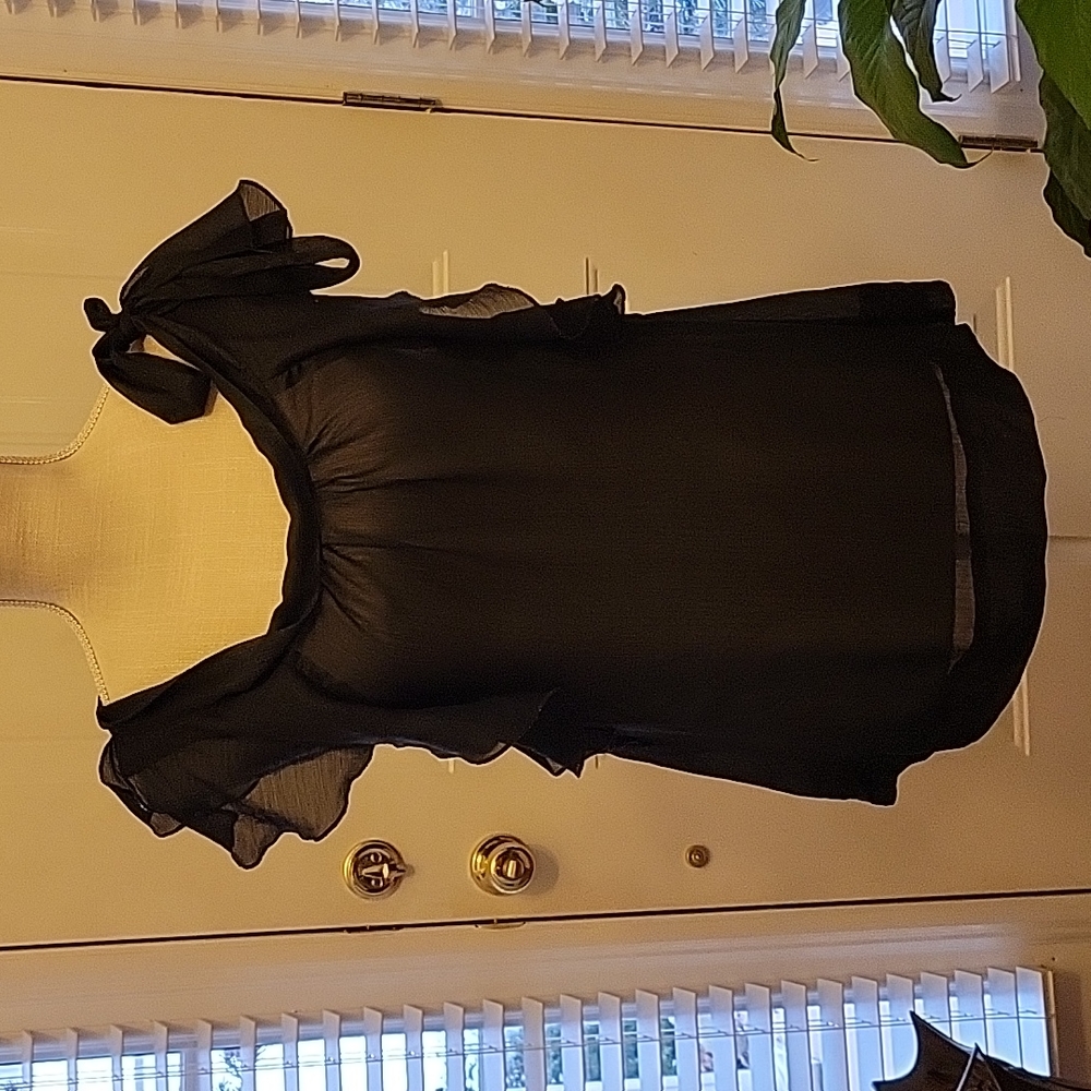BCBGeneration black semi sheer sleeveless top ruffled bow Left shoulder M EUC …